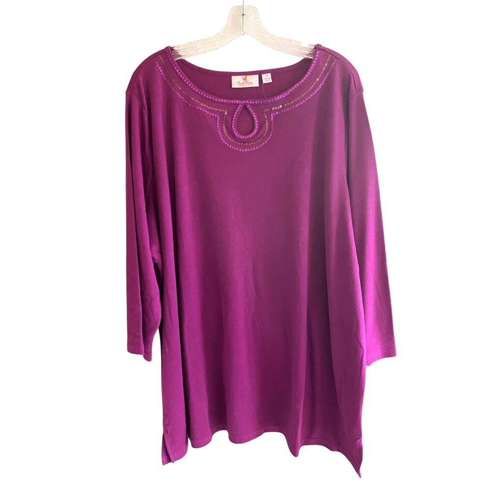 Quacker Factory Top Purple Sequin Keyhole 100% Cotton 3X Pullover Boho